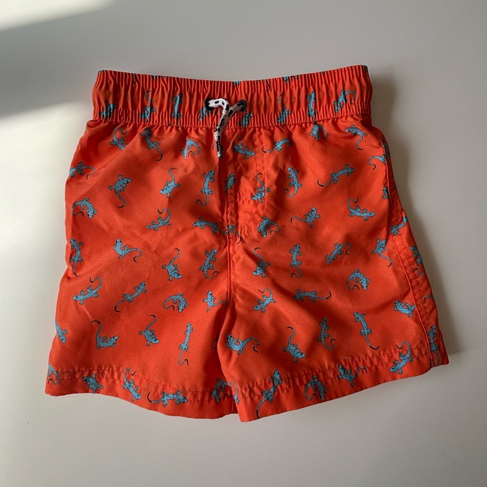 Boys Orange Salamander Print Swim Trunks